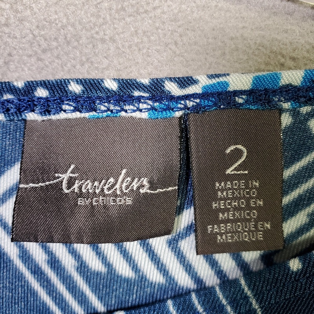 Chicos Travelers Top Womens L/2 Blue Geo Stripe Asymetrical‎ Hem Stretch Comfort - Picture 6 of 9
